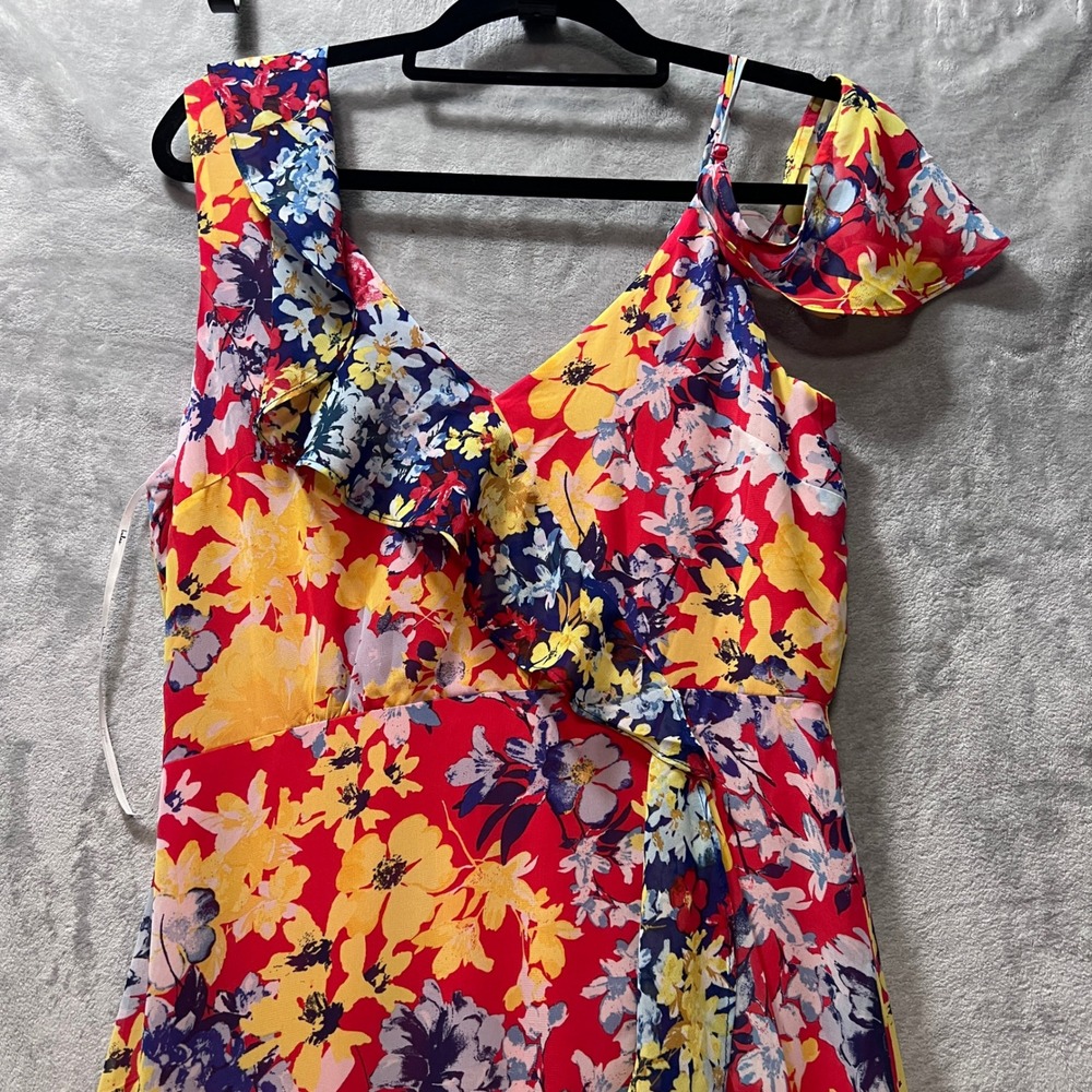 Lulus Maxi Dress Floral High-LowRuby Red Ruffle Cold Shoulder Medum - Picture 7 of 16